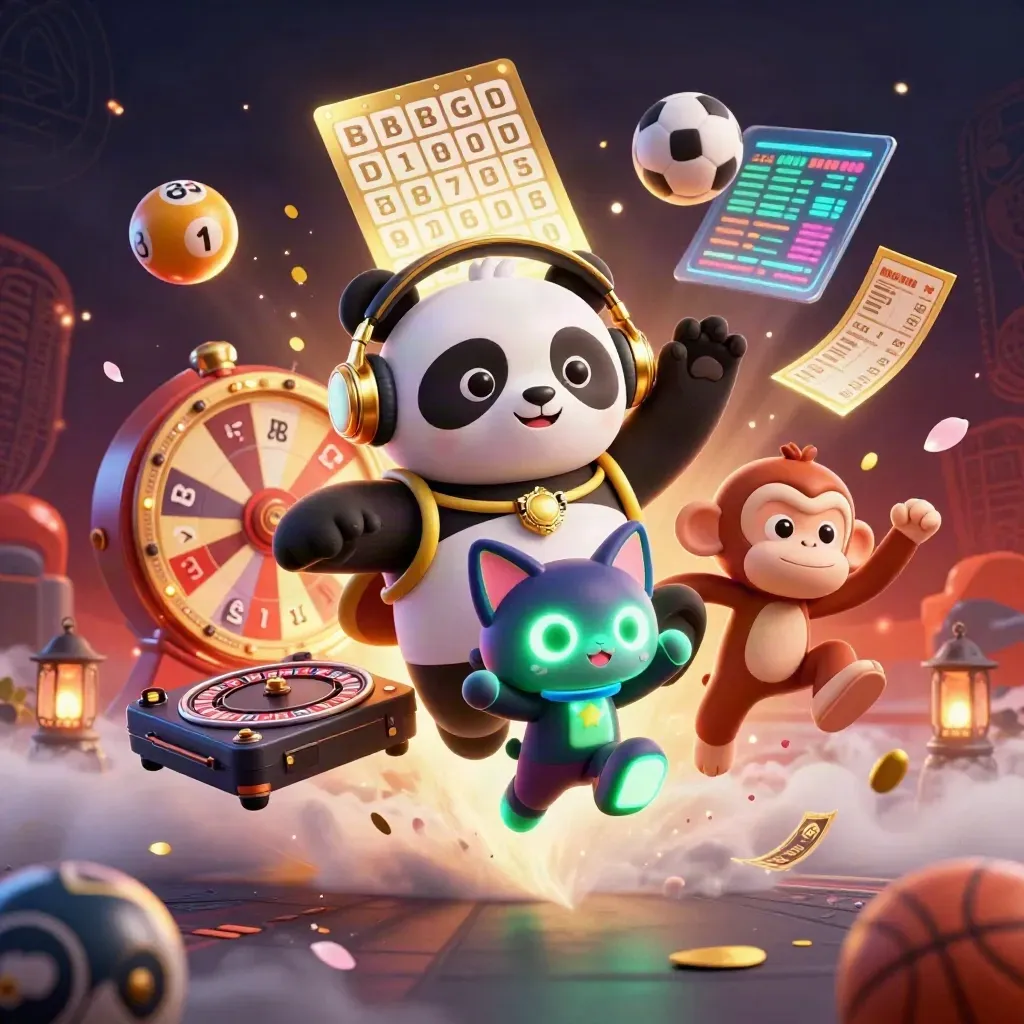 DJ panda, monkey, and glow-stick kitten amid casino props in fiery cinematic motion