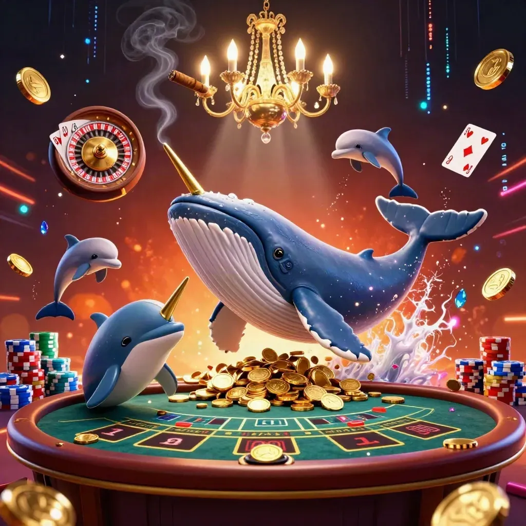 Whale captain, narwhal, and dolphins amid coins, cards, chips, roulette, and casino glow.