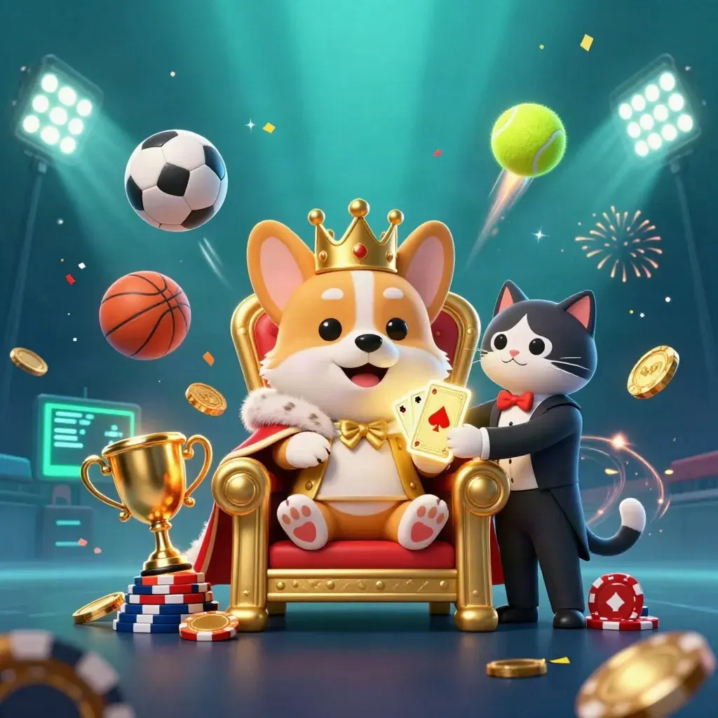 Royal corgi on poker-chip throne with cat butler amid flying sports balls and casino lights.