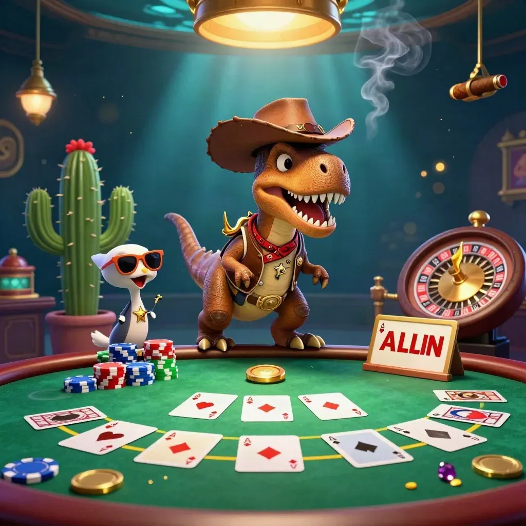 Cartoon cowboy T-Rex, cactus sidekick, and roadrunner in a luxe casino with cards, chips, and glowing lights.