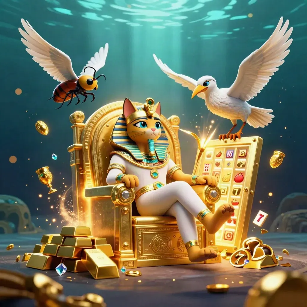 Pharaoh cat, ibis scribe, and gem-winged scarabs amid exploding gold treasure and vault light