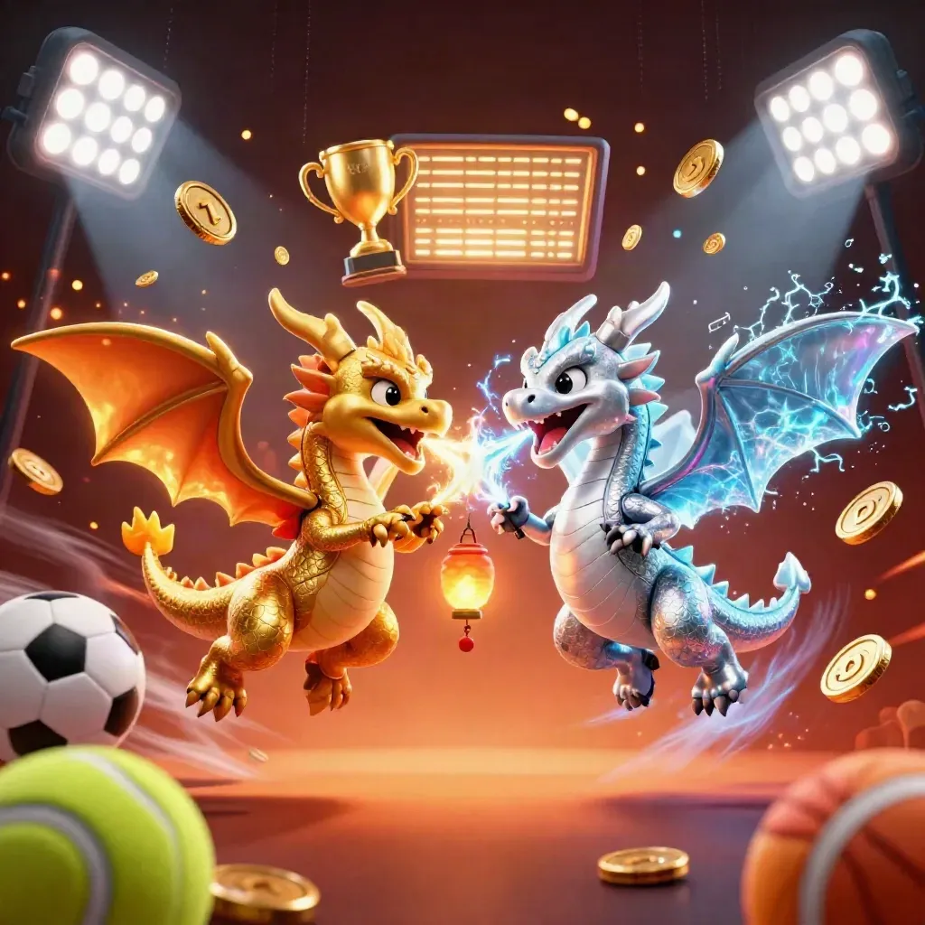 Gold and silver dragons clash in fire and ice amid sports balls, coins, and glowing casino effects.