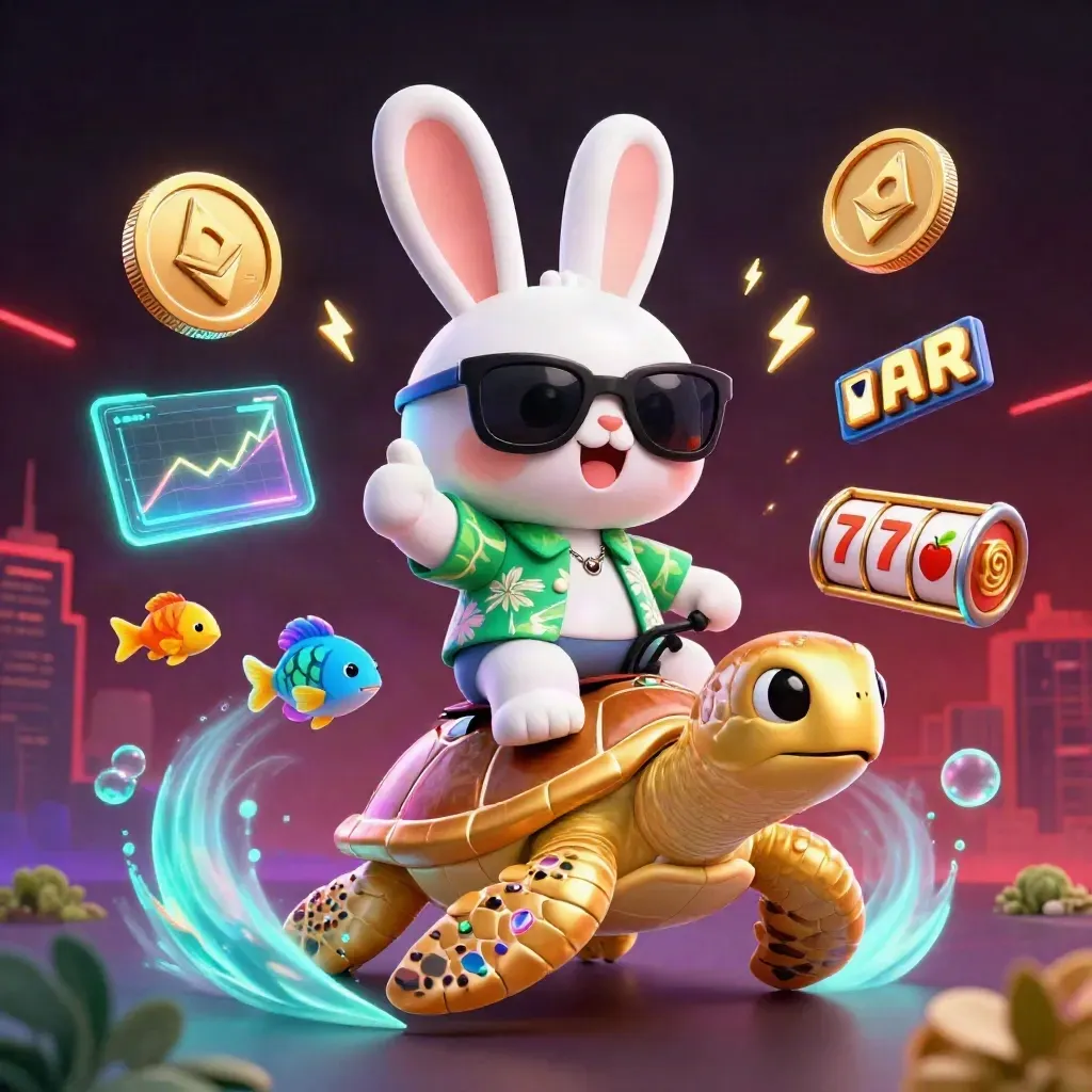 Rabbit in shades rides a golden sea turtle amid coins, fish, lightning, and neon casino glow.