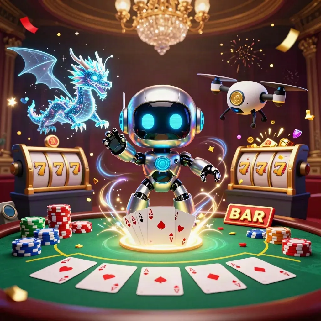 Cyberpunk robot, holographic dragon, and coin drone over casino props on a burgundy-gold background.