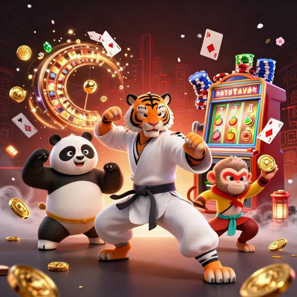 Tiger, panda, and monkey kung-fu heroes amid casino coins, cards, chips, and neon energy