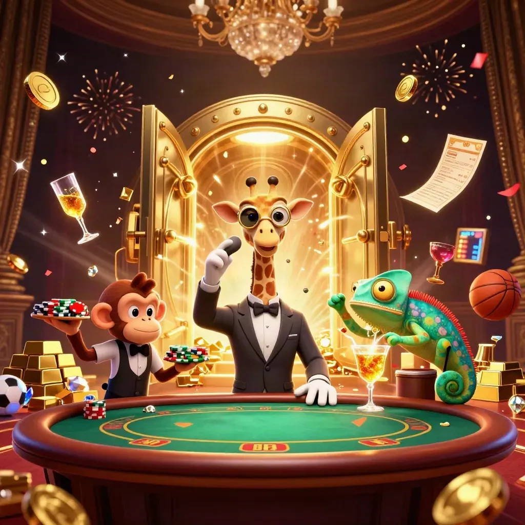 Giraffe, monkey, and chameleon celebrate a vault burst with coins, gold, gems, confetti, and fireworks