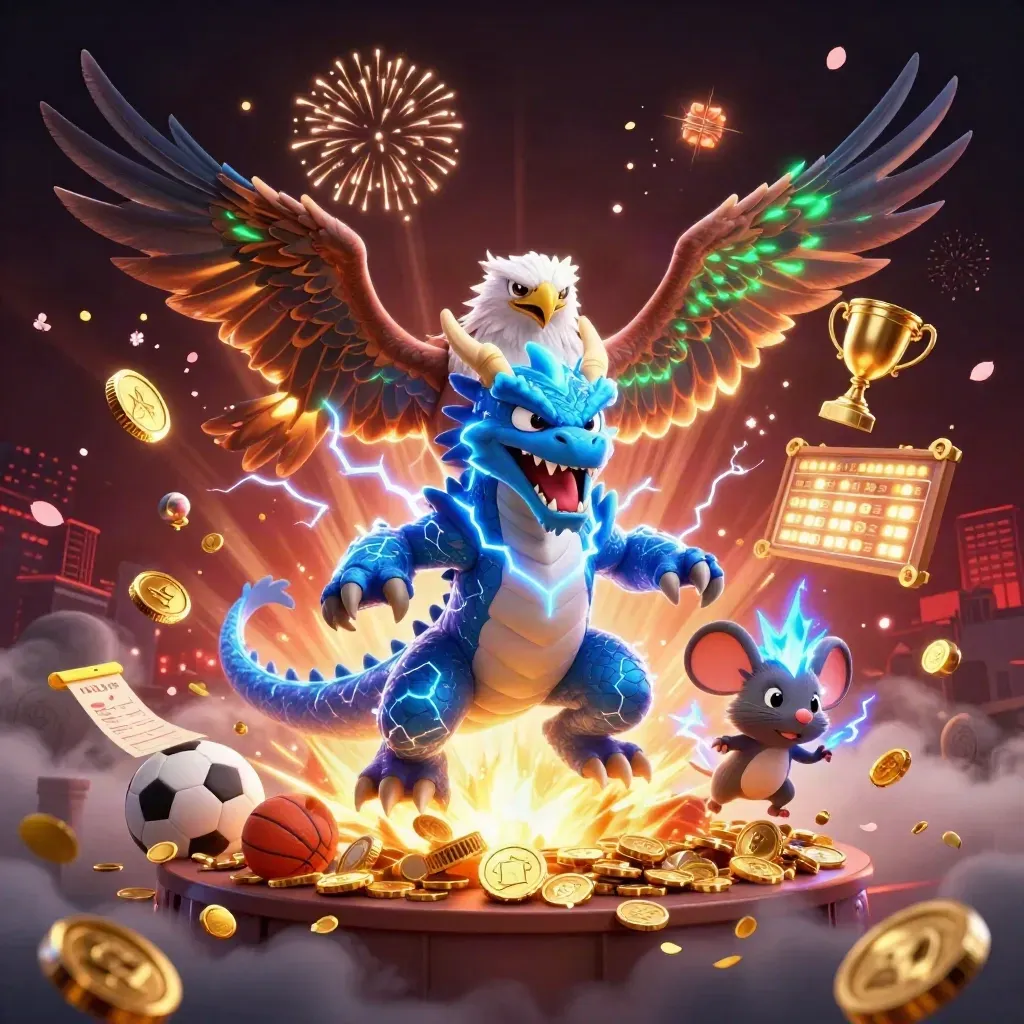 Thunder dragon, wind hawk, and crackling mouse amid coins, fireworks, sports balls, and a bursting vault.