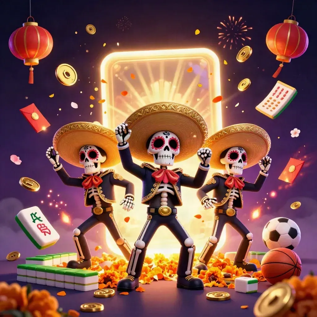 Skeleton mariachi trio amid exploding coins, lanterns, fireworks, and casino lucky symbols