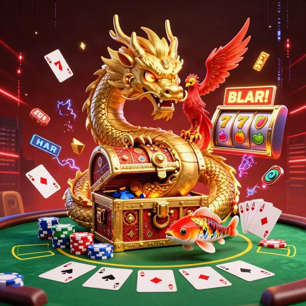 Golden dragon with phoenix, koi, poker and slot effects in a dark luxe casino splash