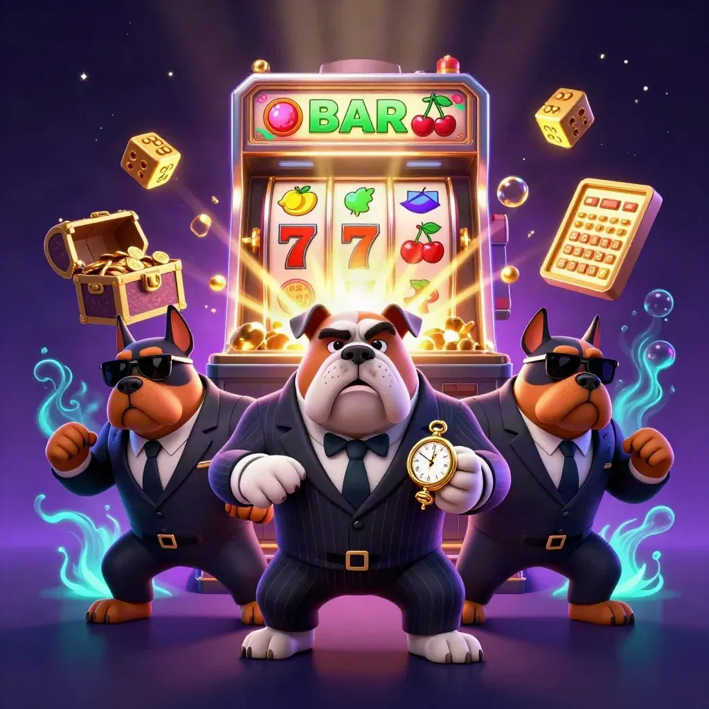 Bulldog mob boss with two Dobermans amid exploding slot reels, gold, and neon casino glow.