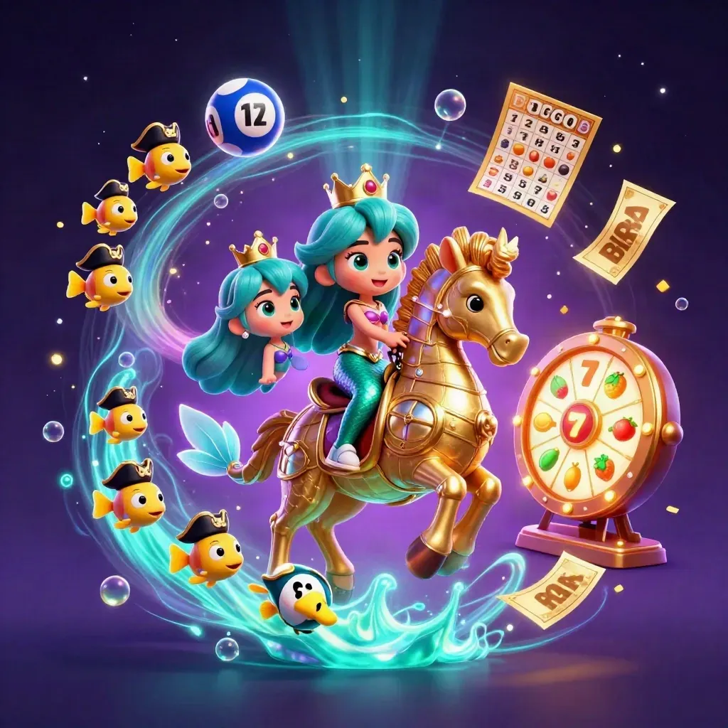 Mermaid princess on a golden seahorse, with pirate-hat fish and casino icons swirling