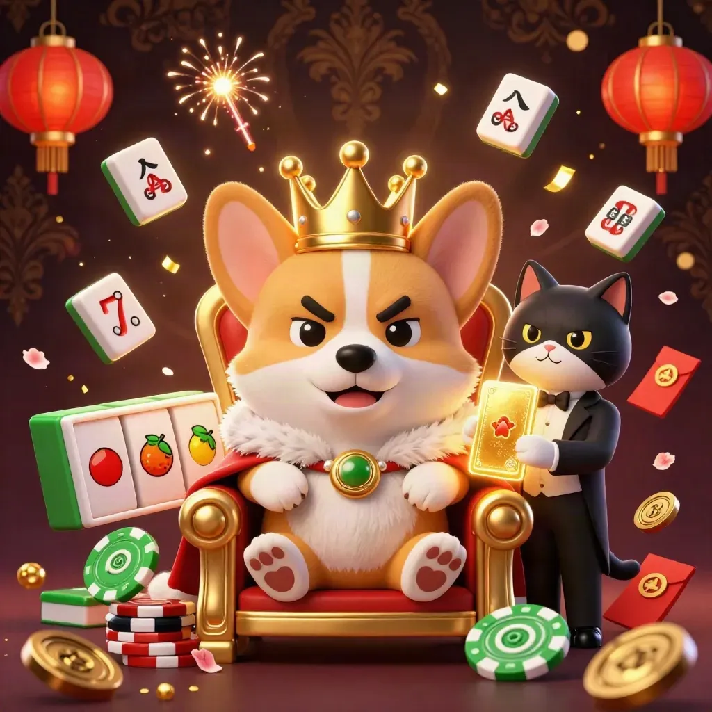 Royal corgi and cat butler amid casino luck, gold coins, lanterns, reels, and glowing confetti.